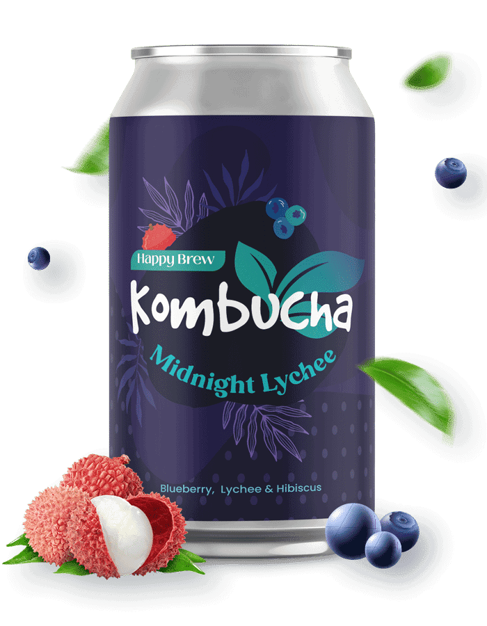 Made from real blueberries, fresh lychee and hibiscus tea flavored kombucha Midnight Lychee by Happy Brew Kombucha