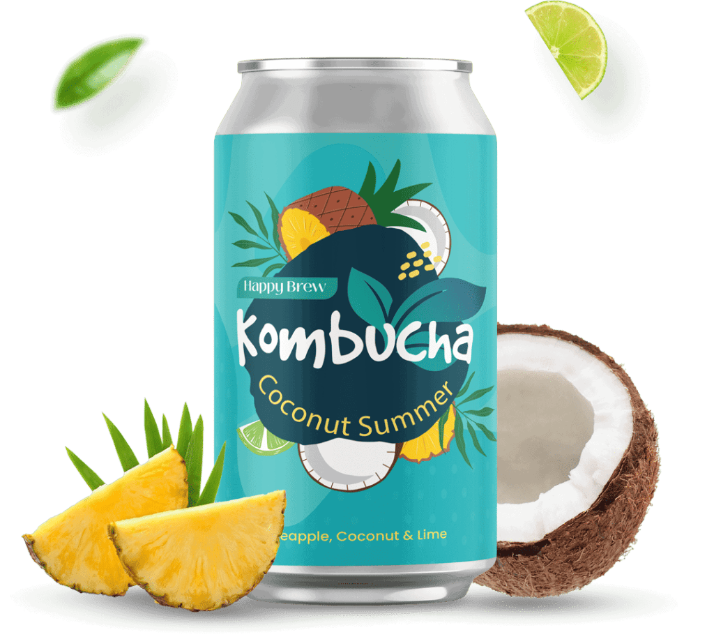 Naturally fermented green tea kombucha flavored with real coconut and fresh pineapple