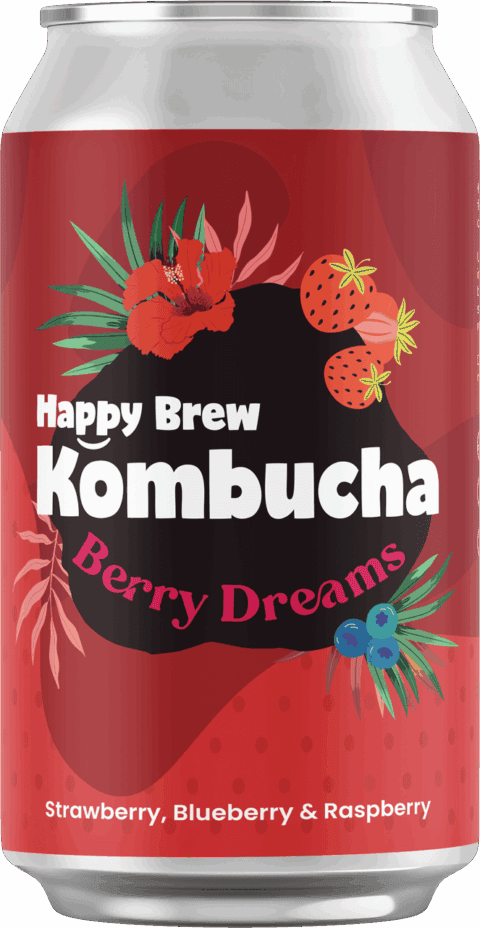 Happy Brew Kombucha Berry Dreams can — probiotic kombucha brewed in Manila with strawberry, blueberry, and raspberry