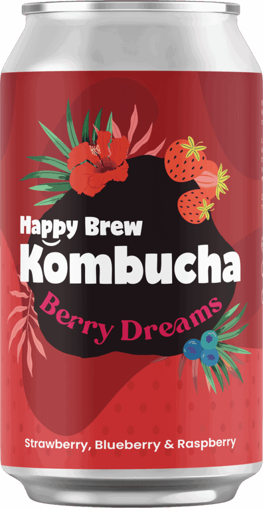 Happy Brew Kombucha Berry Dreams can — probiotic kombucha brewed in Manila with strawberry, blueberry, and raspberry