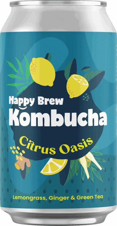 Happy Brew Kombucha Citrus Oasis can — probiotic kombucha brewed in Manila with lemongrass, ginger, and green tea