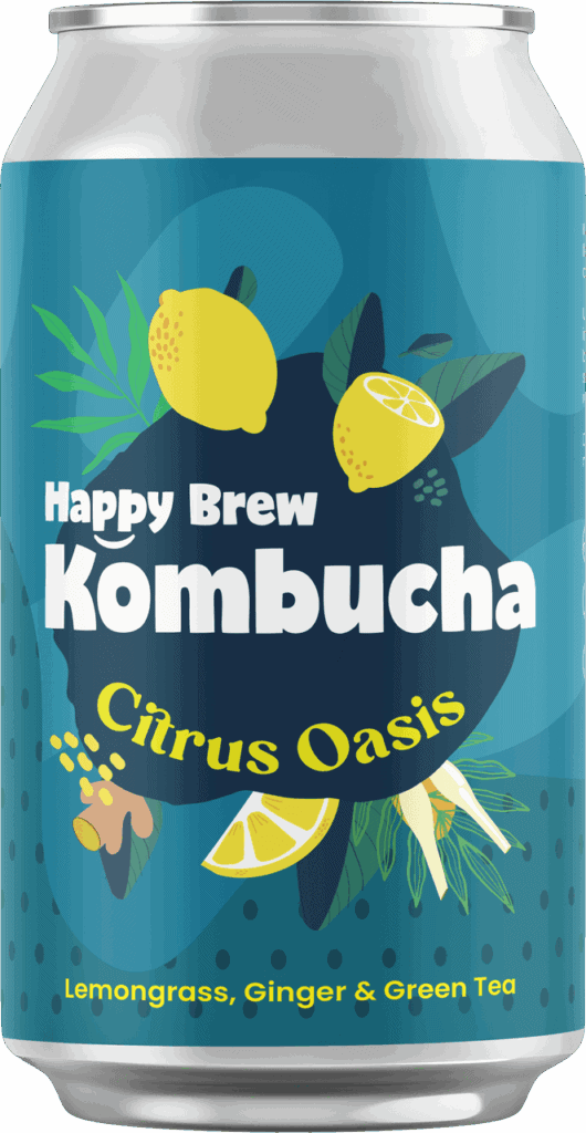 Happy Brew Kombucha Citrus Oasis can — probiotic kombucha brewed in Manila with lemongrass, ginger, and green tea