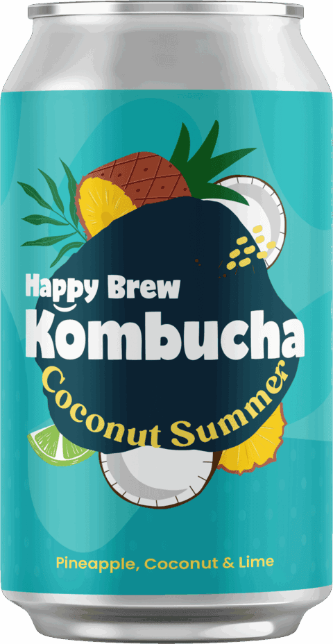 Happy Brew Kombucha Coconut Summer can — probiotic kombucha brewed in Manila with pineapple, coconut, and lime