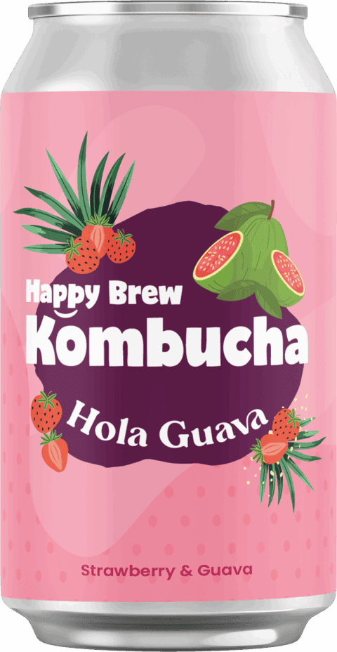 Happy Brew Kombucha Hola Guava can — probiotic kombucha brewed in Manila with strawberry and guava