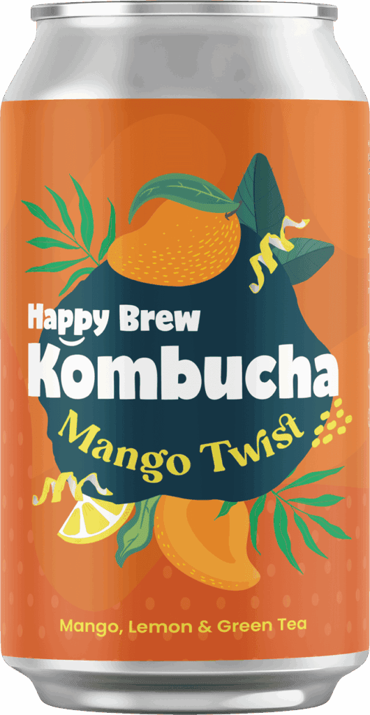 Happy Brew Kombucha Mango Twist can — probiotic kombucha brewed in Manila with mango, lemon, and green tea