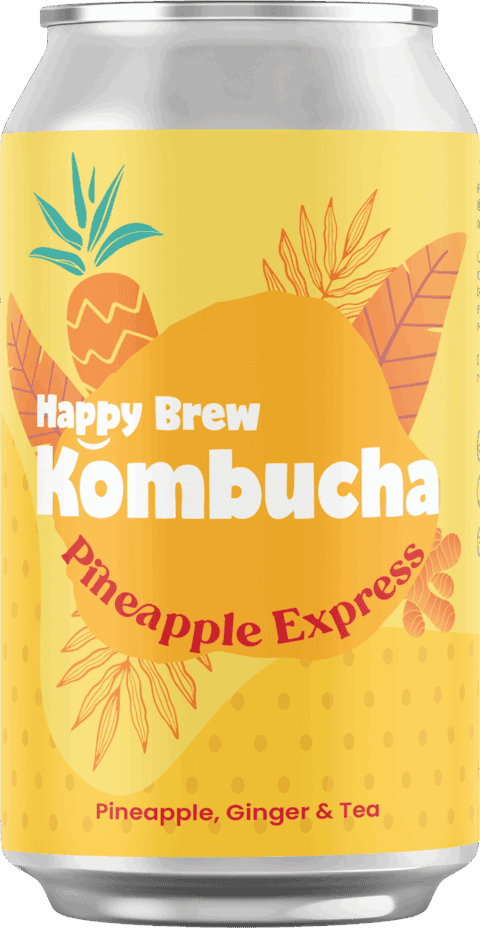 Happy Brew Kombucha Pineapple Express can — probiotic kombucha with pineapple, ginger, and tea, brewed in Manila Philippines