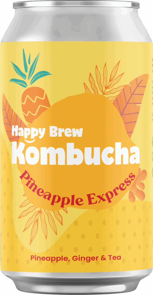 Happy Brew Kombucha Pineapple Express can — probiotic kombucha with pineapple, ginger, and tea, brewed in Manila Philippines