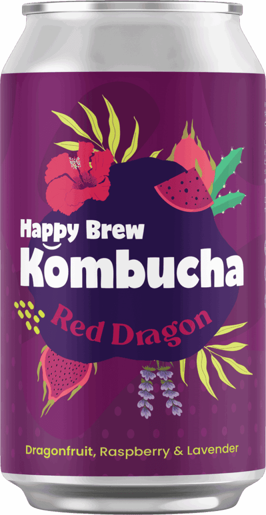 Happy Brew Kombucha Red Dragon can — probiotic kombucha brewed in Manila with dragonfruit, raspberry, lavender, and green tea