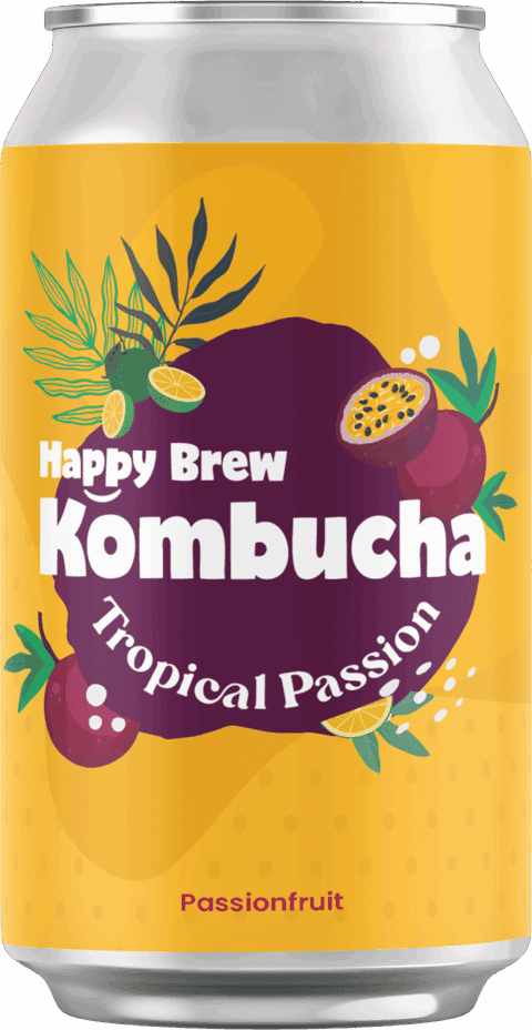 Happy Brew Kombucha Tropical Passion can — passionfruit kombucha brewed in Manila with probiotics for gut health