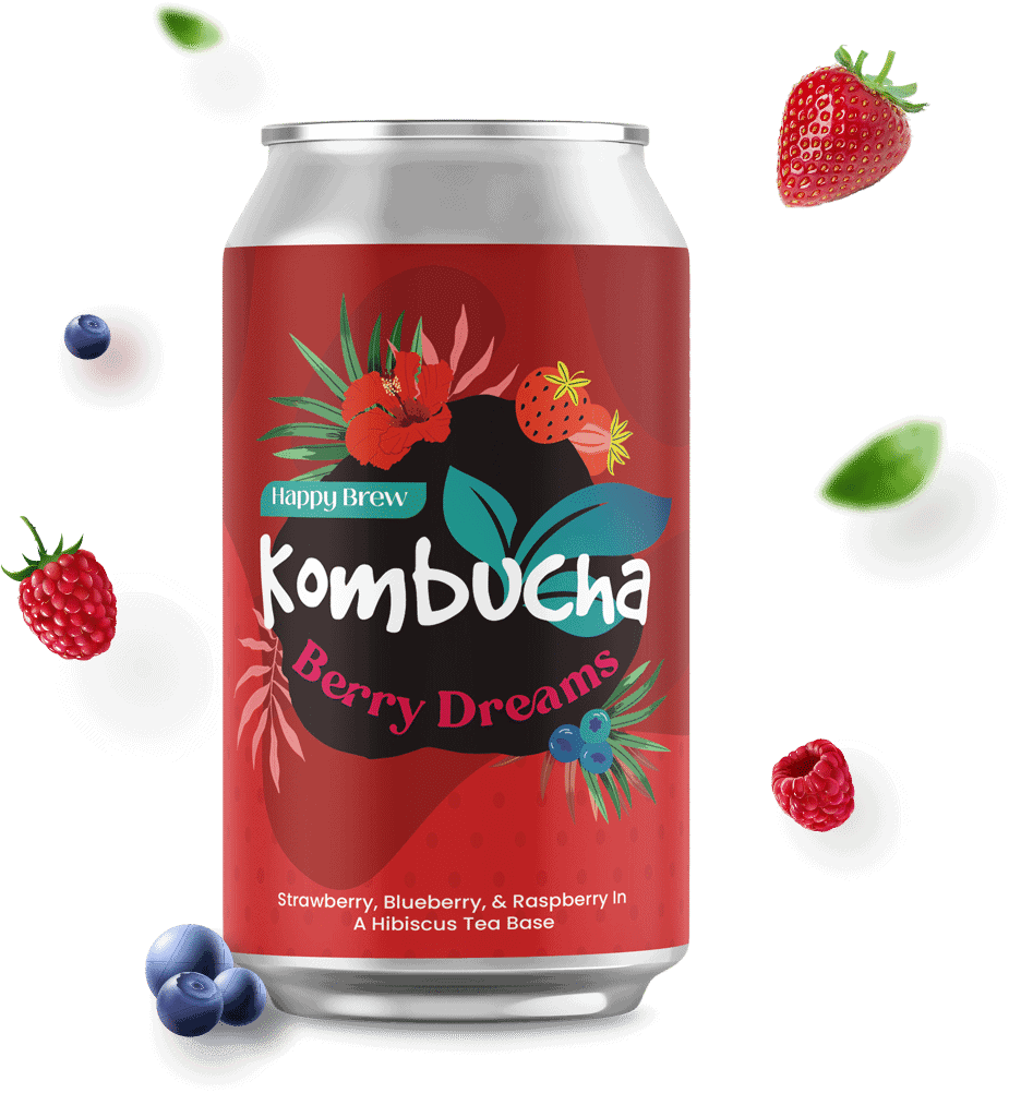 Healthy kombucha tea flavored with real strawberries, natural raspberries and blueberries