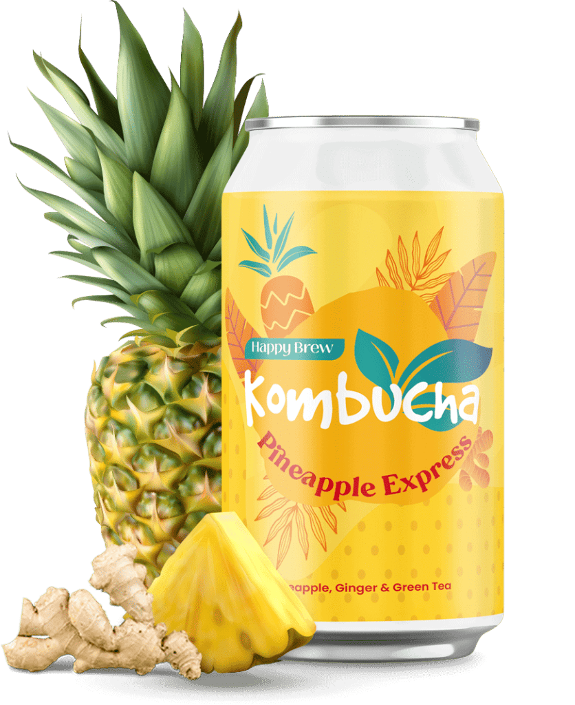 Can of kombucha made from fresh pineapple, ginger and turmeric that is naturally fermented